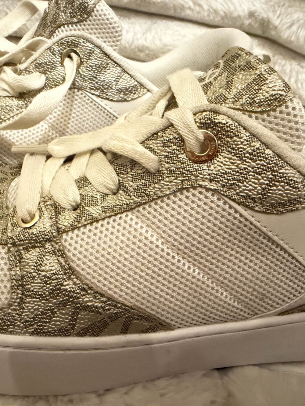 Michael Kors Cream & Gold Snake-Accent Lace-Up Sneakers - Picture 2 of 7